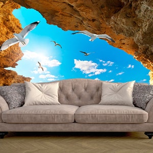 3d Vinyl Wallpaper, Seagulls in the grotto Mural Art, 3d Wall Murals, Wall Art Work, Marine wall paper, Seabirds in the sky wallcovering