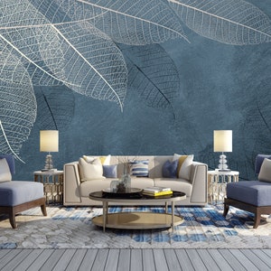 Carta da parati con foglie enormi, carta da parati dal design moderno, murale murale con grandi foglie di scheletro, decorazioni floreali, carta da parati in vinile, rivestimento murale foglia