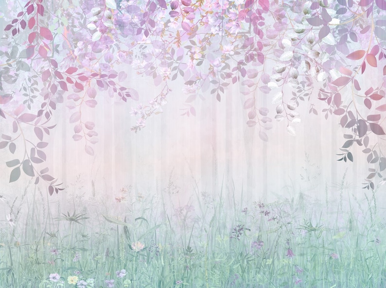 Bedroom Wallpapers Forest Wall Decor Trees Nursery Decor Kids Wall Mural Bedroom Pink Blue Wall Playroom wallpaper, Vinyl wallpaper image 3