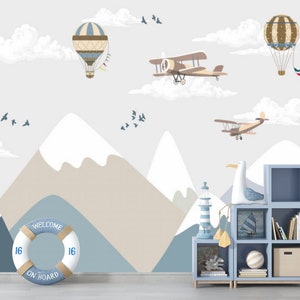 Montagne, palloncini e aerei carta da parati per bambini, murale paesaggio bambino, murale per cameretta, cameretta bambini, interni bambini, carta da parati per bambini