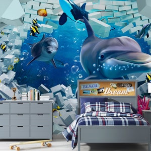 Mondo sottomarino Carta da parati Delfini Bambini Camera Murale Nursery Murale Ocean Wallpaper Pesce Carta da parati rimovibile Kids Room Blu