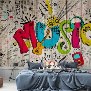 Papel tapiz de diseñador para amantes de la música para la habitación de los niños, papel tapiz de instrumentos musicales, papel tapiz de estilo callejero colorido, papel tapiz removible de vinilo