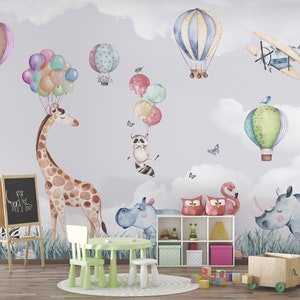 Giraffe Cartoon Baby Room Wallpaper, Primer regalo para bebé, Papel pintado pastel, Fondo de pantalla de acuarela, Fondo de pantalla extraíble de sala de juegos