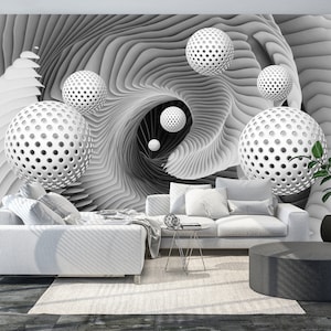 Carta da parati in vinile 3D, arte murale geometrica volumetrica, murales astratti, carta da parati geometrica, grandi palline stereoscopiche, parete bianca e nera