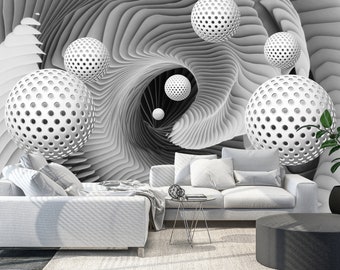 3D vinylbehang, volumetrische geometrische muurkunst, abstracte muurschilderingen, geometrisch behang, grote stereoscopische ballen, witte en zwarte muur