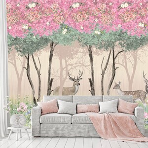 Murale della foresta magica, carta da parati in vinile rosa Bloom, rivestimento murale dei cervi nel giardino, arte dei cervi, parete accento in fiore, stampa floreale di grandi dimensioni