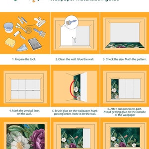 Puede incluir: Una gu&iacute;a paso a paso para instalar papel tapiz. La gu&iacute;a incluye ilustraciones de cada paso, como preparar las herramientas, limpiar la pared, marcar l&iacute;neas verticales, aplicar pegamento en el papel tapiz, hacer coincidir el patr&oacute;n y usar una esp&aacute;tula para alisar el papel tapiz.