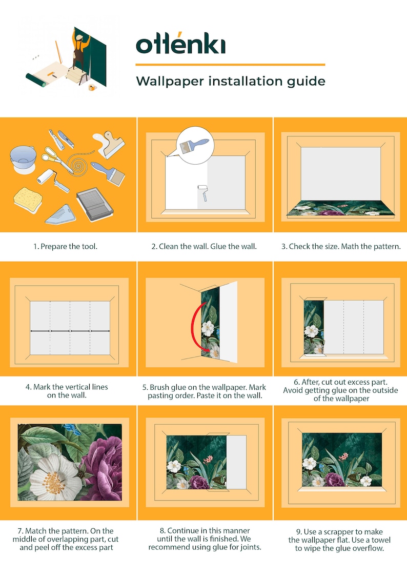 Puede incluir: Una gu&iacute;a paso a paso para instalar papel tapiz. La gu&iacute;a incluye ilustraciones de cada paso, como preparar las herramientas, limpiar la pared, marcar l&iacute;neas verticales, aplicar pegamento en el papel tapiz, hacer coincidir el patr&oacute;n y usar una esp&aacute;tula para alisar el papel tapiz.