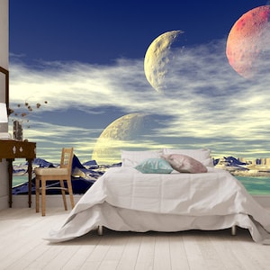 Distant planet Vinyl Wallpaper, Galaxy Wall Paper, Exotic Worlds Wall Mural, Galaxy Wallcovering, Outer Space Wall Art, Universe Wall Decor