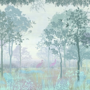 K&ouml;nnte beinhalten: Eine ruhige Waldszene in sanften Blau-, Gr&uuml;n- und Lilat&ouml;nen. Silhouetten von B&auml;umen und fliegenden V&ouml;geln erzeugen eine friedliche Atmosph&auml;re. Zwei rosa V&ouml;gel stehen im Vordergrund und setzen einen Farbakzent in der Landschaft.