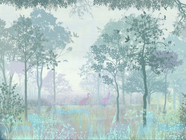 K&ouml;nnte beinhalten: Eine ruhige Waldszene in sanften Blau-, Gr&uuml;n- und Lilat&ouml;nen. Silhouetten von B&auml;umen und fliegenden V&ouml;geln erzeugen eine friedliche Atmosph&auml;re. Zwei rosa V&ouml;gel stehen im Vordergrund und setzen einen Farbakzent in der Landschaft.