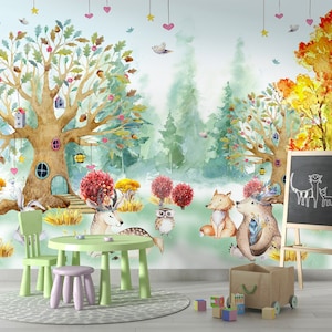 Kids Drawing Animal Mural, Wallpaper for Kids Room, Forest Travel Wallpaper, Boy/Girl Room Wallpaper, Vinyl Wallpaper, Childrens room decor