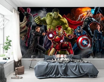 May include: A colorful wall mural featuring popular superheroes from the Marvel universe. The mural includes Iron Man, Hulk, Thor, Captain America, Black Widow, and Vision. The mural is set against a dark background with a dramatic lighting effect.