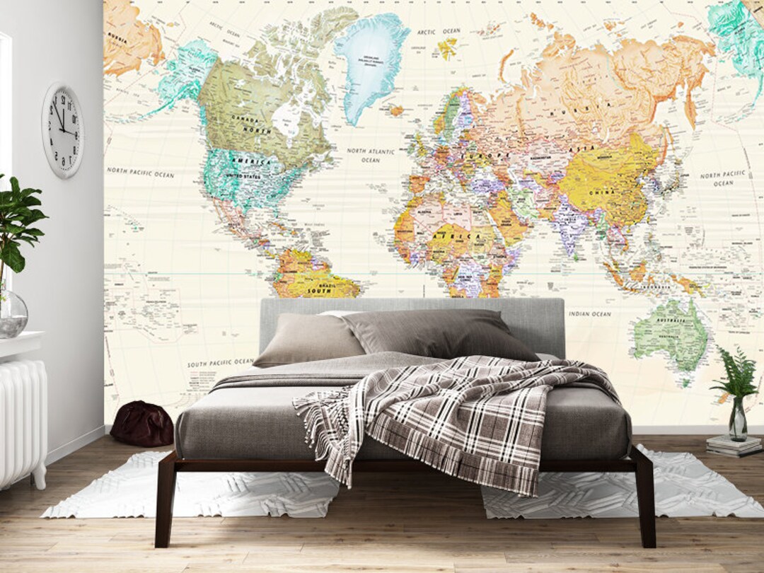 Colorful World Map Mural Kids Room Wallpaper Nursery Decor Etsy