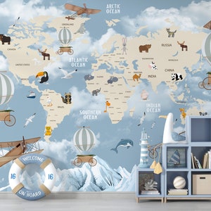  3D World Map Wallpaper - Cartoon Map with Baloons Mural Decor  for Nursery, Kids and Game Room - Removable and Reusable - One Piece, Easy  Installation (Peel and Stick, 197''Wx104'' H) 