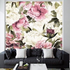 Vinyl Wallpaper With blush pink and white Peony Roses, Pink Pastel Floral Mural Botanical Wallpaper Large Floral Print, Flowers Wallcovering