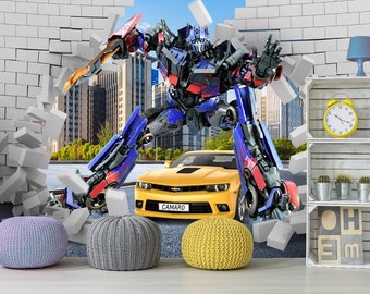 May include: A blue and red robot breaks through a brick wall, revealing a yellow Camaro with the word "CAMARO" on the front. The robot is in mid-air, with one foot on the ground and the other in the air. The robot's arms are outstretched, and its fists are clenched. The robot is surrounded by debris from the wall.