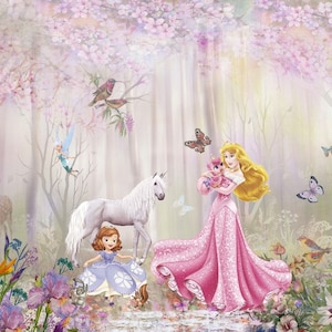 May include: A whimsical illustration of a princess in a pink dress holding a small animal, a unicorn, and a young girl in a blue dress. The scene is set in a magical forest with pink flowers, butterflies, and birds.