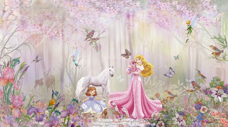 May include: A whimsical illustration of a princess in a pink dress holding a small animal, a unicorn, and a young girl in a blue dress. The scene is set in a magical forest with pink flowers, butterflies, and birds.
