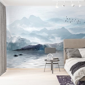 Blue Sea And Mountain Wallpaper, Abstract Wallpaper, Kids Room Wallpaper, Travelers Wallpaper, Vinyl Wallpaper, Self Adhesive Wallpaper
