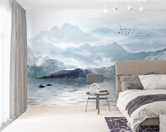 Blue Sea And Mountain Wallpaper, Abstract Wallpaper, Kids Room Wallpaper, Travelers Wallpaper, Vinyl Wallpaper, Self Adhesive Wallpaper