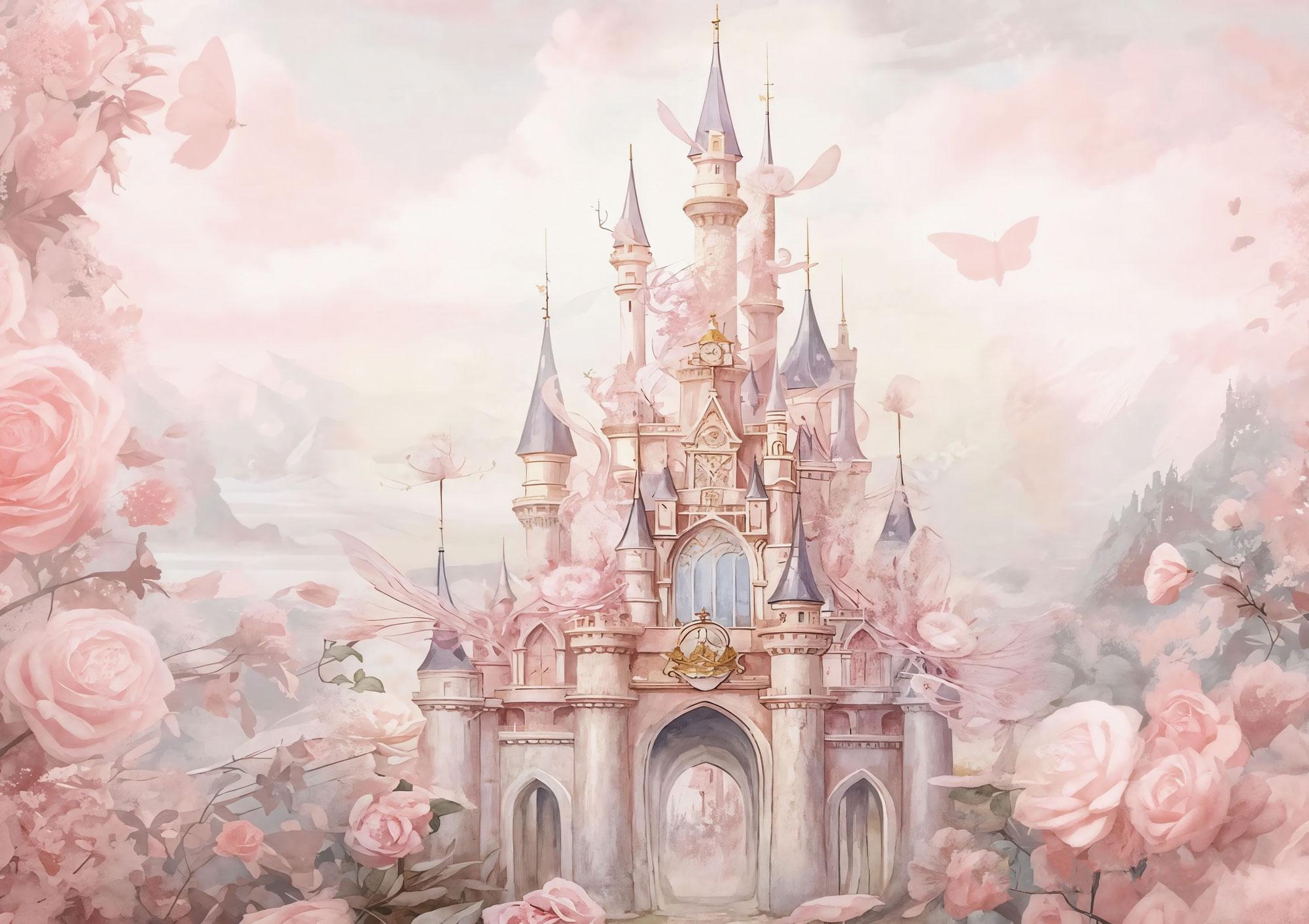 Fairy Tale Princess Castle Wall Mural – Pink Fantasy Castle Wallpaper ...