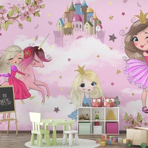 Unicorn Wallpaper Pink \ Unicorn Wall Art \ Unicorn Wall Kids Room Wallpaper \ Nursery Girl Removable Wall Paper \ Unicorn Wall Mural