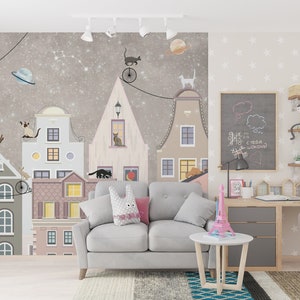 Papel pintado de la habitación de los niños, papel pintado de la ciudad de la noche en un cuento de hadas, arte de la pared de la ciudad pequeña de dibujos animados, revestimiento de paredes de casas garabateadas