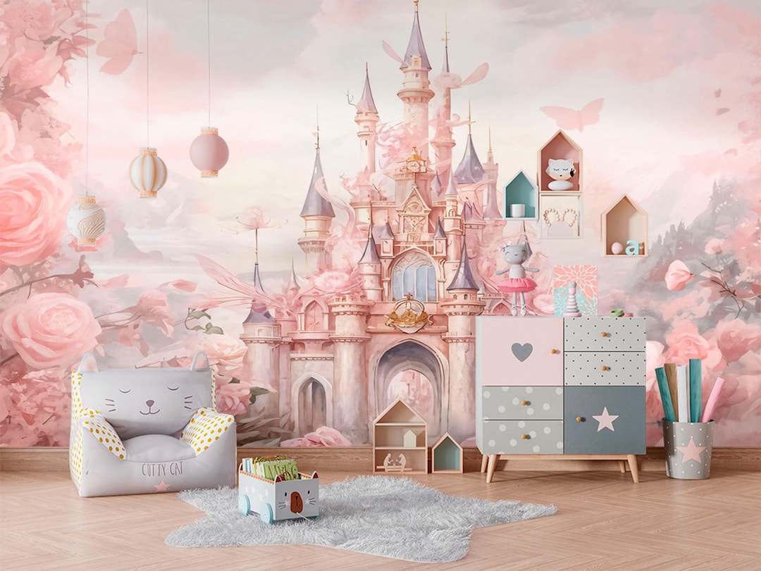 Fairy Tale Princess Castle Wall Mural – Pink Fantasy Castle Wallpaper ...