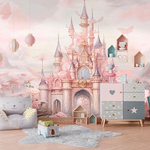 Fairy Tale Princess Castle Wall Mural – Pink Fantasy Castle Wallpaper for Girls’ Nursery, Pastel Roses and Butterflies Dreamy Wall Art