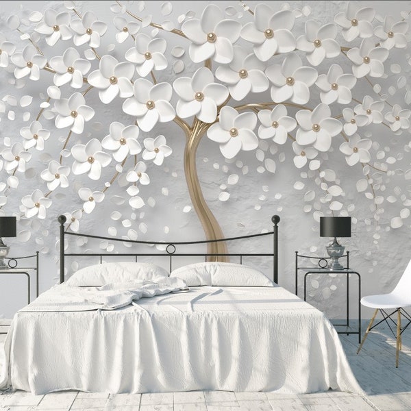 3D White Flowers Wallpaper, 3D Flowers Tree Wall Mural, Custom Bedroom Wallpaper, Home Decor, 3D Relief Floral Murals
