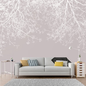 Bella carta da parati fiorita primaverile, murales minimalisti, carta da parati in vinile botanico, carta da parati con rami di albero, rivestimento murale grigio chiaro