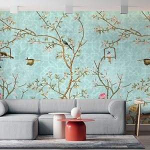 Blue Modern Spring Birds Removable Wallpaper Decorative Vinyl Printed Wallpaper for Bedroom Birds Wallpaper Self-Adhesive Wallpaper Roll