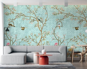 Blue Modern Spring Birds Removable Wallpaper Decorative Vinyl Printed Wallpaper for Bedroom Birds Wallpaper Self-Adhesive Wallpaper Roll