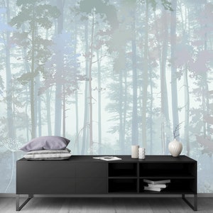 Beautiful Forest In The Morning Haze, Vinyl Wallpaper, Mysterious Forest Wall Mural, Forest Wallpaper Roll, Fog In The Forest Wall Paper