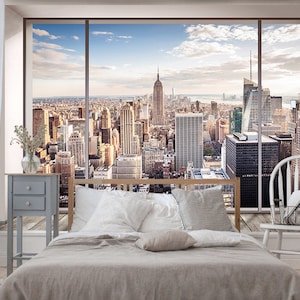 Carta da parati in vinile 3D Ny, New York Pitture murali, carte da parati di New York, decorazioni murali di grattacieli, finestre panoramiche con vista su New York
