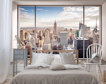3D Ny vinylbehang, N.Y.C. Muurschilderingen, behang uit New York, muurschilderingen met wolkenkrabbers, panoramisch raam met uitzicht op New York