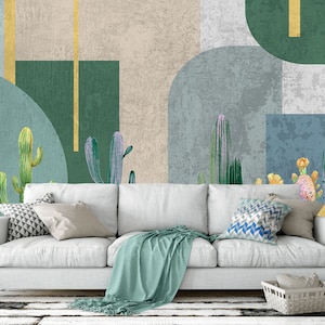 Beautiful Geometric Art, Vinyl Wallpaper With Cacti, Memphis Milano Style, Floral Wall Mural, Botanical Wallpaper, Large Cacti Wallcovering