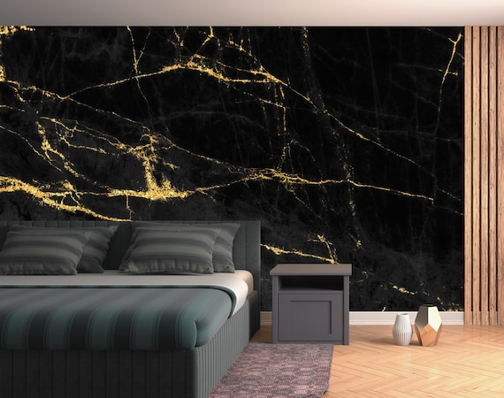 Black and Gold Fluid Wallpaper, Marble  Ancient Art, Modern Marble Art, Wall Decor, Interior Design, Black Wallpaper, Removable Wallpaper