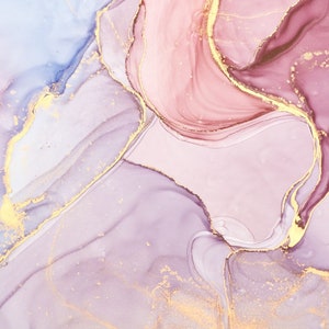 May include: Abstract art painting with pink, purple, and gold swirls and lines. The background is a light pink color.