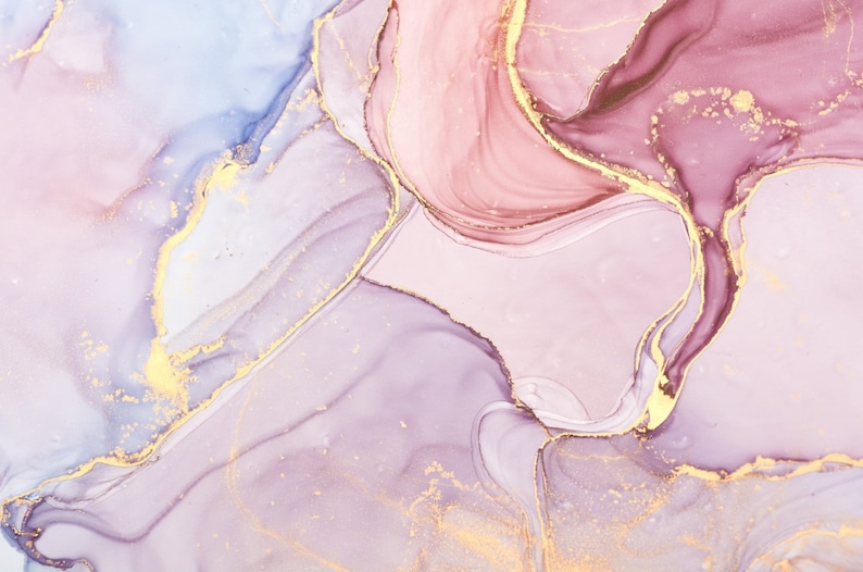 May include: Abstract art painting with pink, purple, and gold swirls and lines. The background is a light pink color.