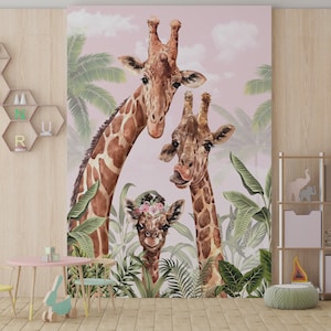 Giraffe Baby Room Wallpaper, First Gift for Baby, Pastel wallpaper, Watercolor wallpaper, Playroom Removable wallpaper, Kids Room Wallpaper