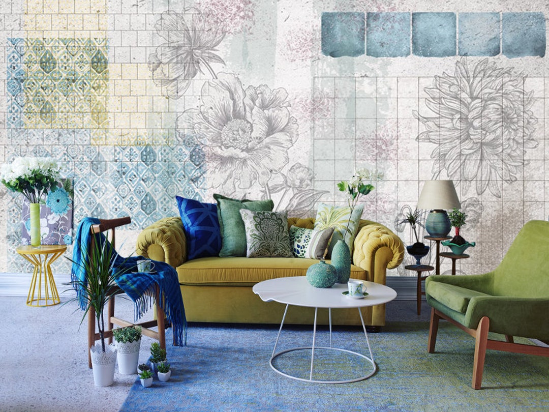 Floral Wallpaper With Tiles, Peonies Vinyl Wallpaper, Floral Wall Mural