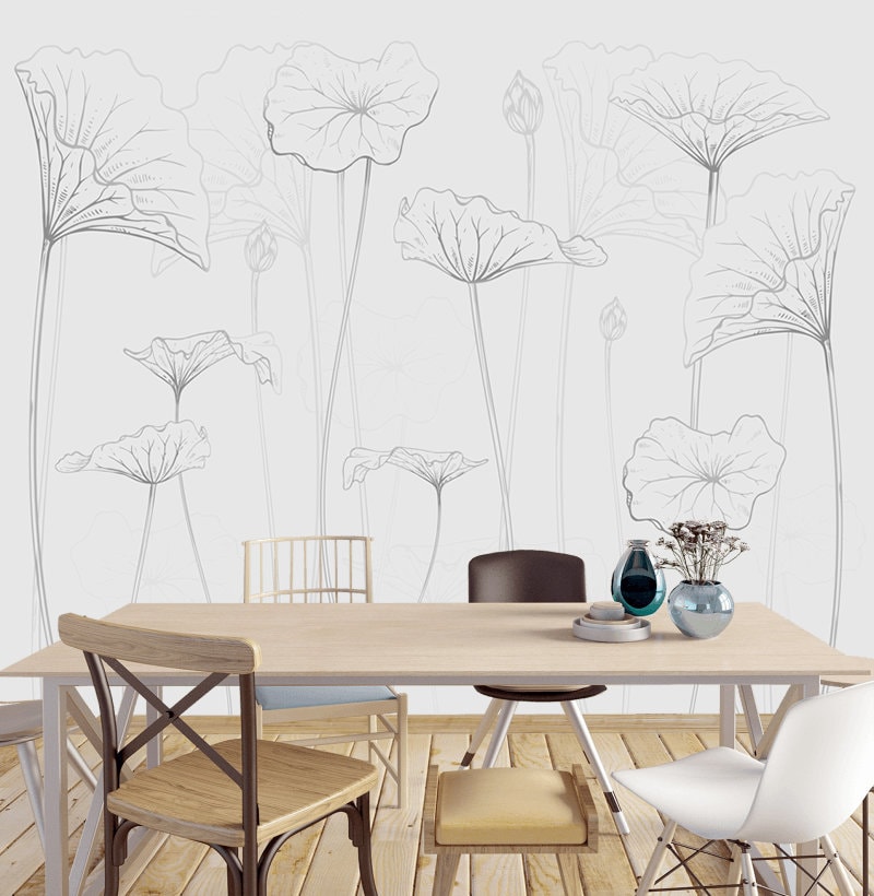 Beautiful Vinyl Wallpaper With Sketch of Large Flowers, Light