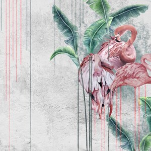 May include: Two pink flamingos with green banana leaves on a gray textured background with red and gray vertical lines.