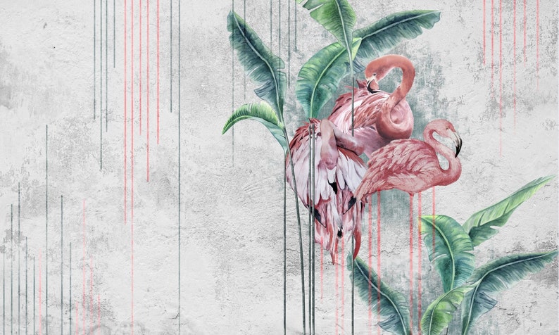 May include: Two pink flamingos with green banana leaves on a gray textured background with red and gray vertical lines.