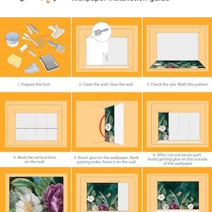 K&ouml;nnte beinhalten: Illustrierte Anleitung zur Tapeteninstallation. Die Anleitung zeigt die Schritte, einschlie&szlig;lich der Vorbereitung der Werkzeuge, der Reinigung der Wand, der &Uuml;berpr&uuml;fung der Gr&ouml;&szlig;e, des Markierens von Linien, des Auftragens von Kleber und des Gl&auml;ttens der Tapete.