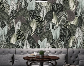 Wall Of Leaves Vinyl Wallpaper, Green Floral Wall Mural, Botanical Wallpaper, Large Floral Print, Big Leaf Wallcovering, Tropical Wallpaper