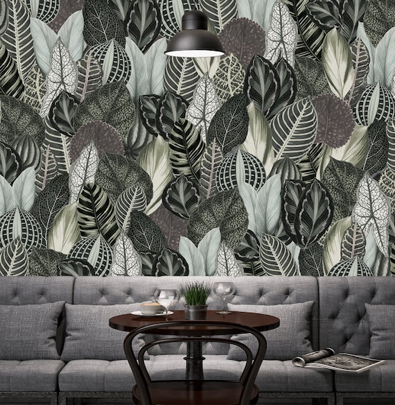 Wall Of Leaves Vinyl Wallpaper Green Floral Wall Mural Etsy