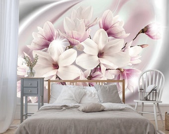 Beautiful Vinyl Wallpaper With Pink Magnolia Flowers, Light Floral Mural, Botanical Wallpaper, Large Floral Print, Big Flowers Wallcovering